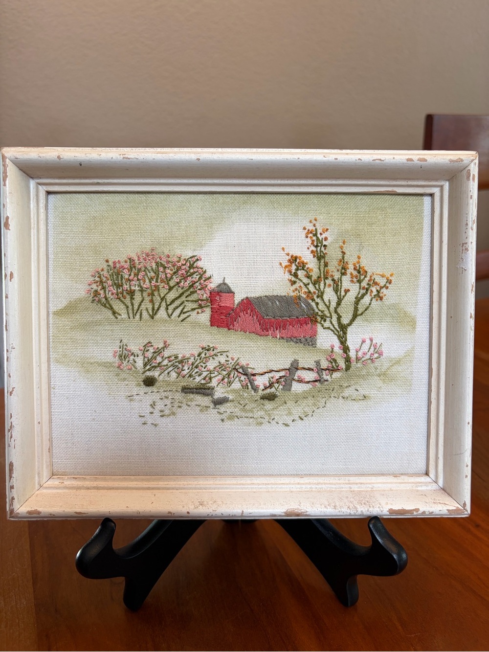 Framed Red Barn Landscape Embroidery Wall Art